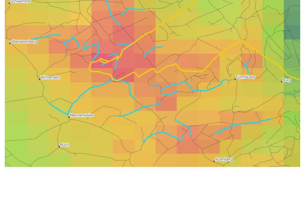 Fliesspfade der Wassersimulation ueber dem Hoehenraster