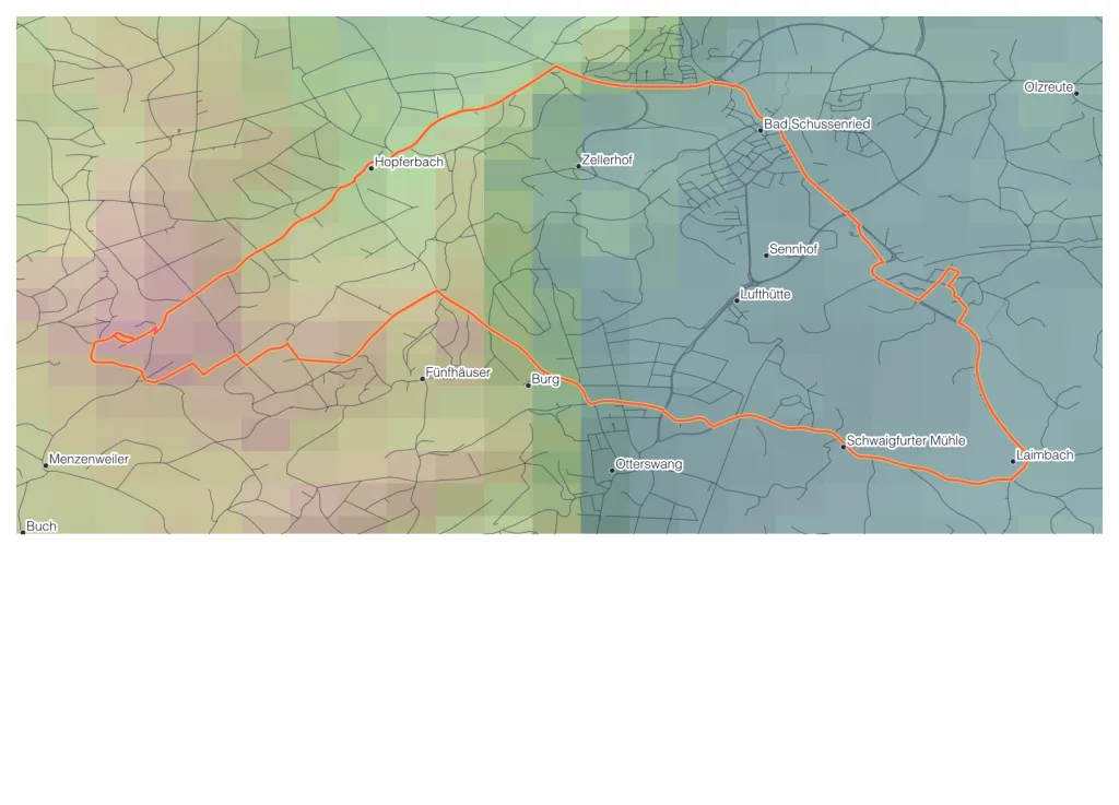 QGIS-Rendering mit Hoehenraster, Wegenetz und Ortsnamen