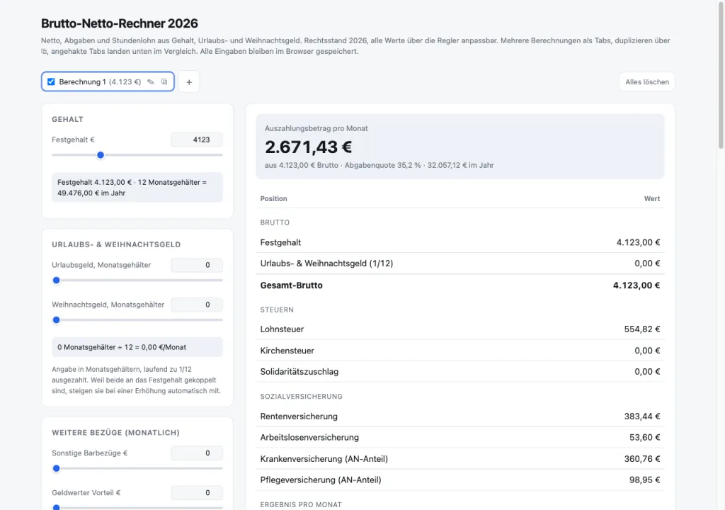 Screenshot des Brutto-Netto-Rechners mit Gehaltseingabe und aufgeschlüsselten Abgaben