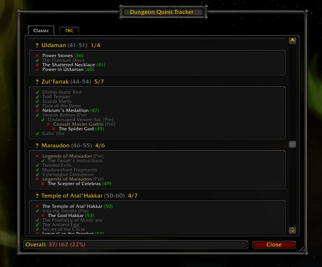 DungeonQuestTracker Hauptfenster