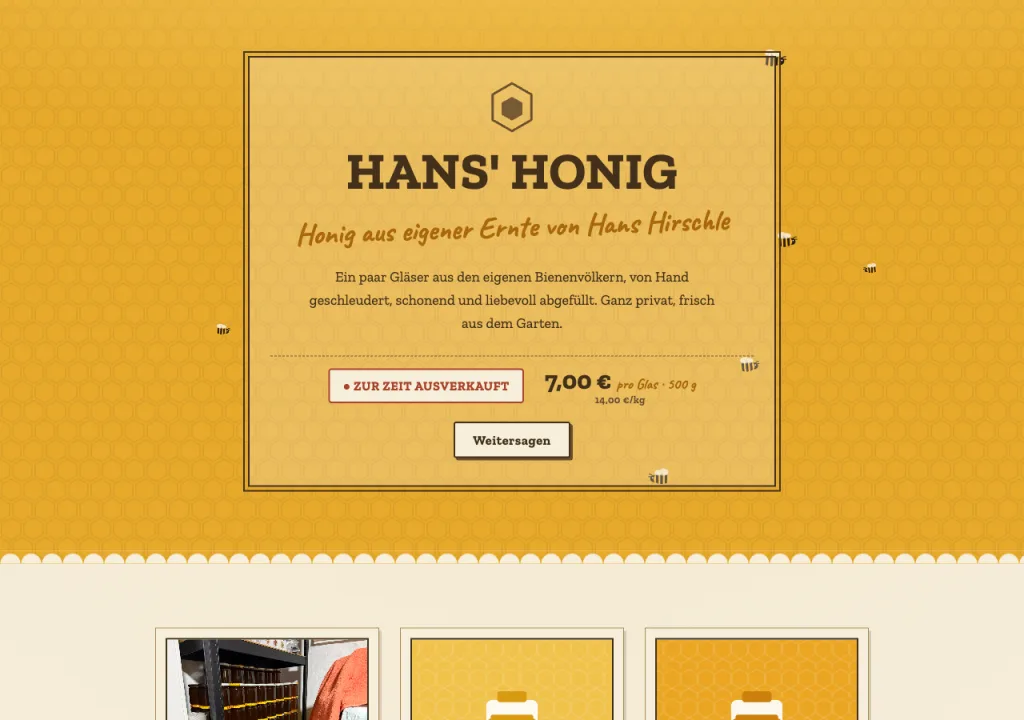 Startseite von hansihonig.de im Honigglas-Etikett-Look