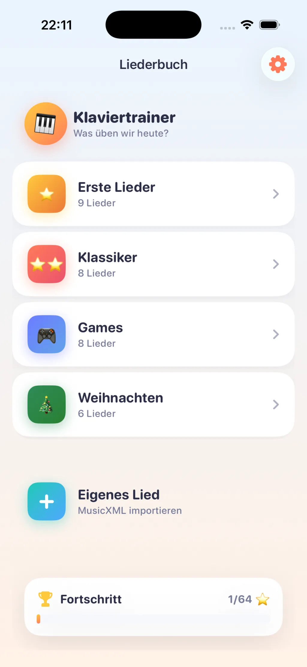 Liederbuch auf dem iPhone mit den Kategorien Erste Lieder, Klassiker, Games und Weihnachten