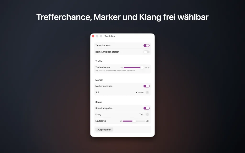 Das Einstellungsfenster mit Häufigkeitsregler, Marker- und Klang-Auswahl