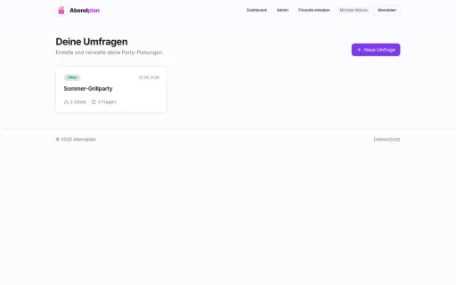 Abendplan: Dashboard mit der Übersicht aller Umfragen