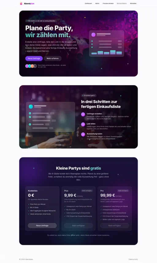 Abendplan: Öffentliche Startseite und Funktionsübersicht