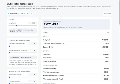 Screenshot des Brutto-Netto-Rechners mit Gehaltseingabe und aufgeschlüsselten Abgaben