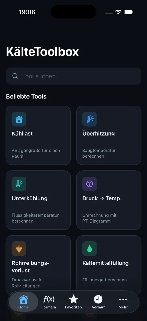 KälteToolbox – Tool-Übersicht mit Rechnern für Kühllast, Überhitzung, Unterkühlung und mehr