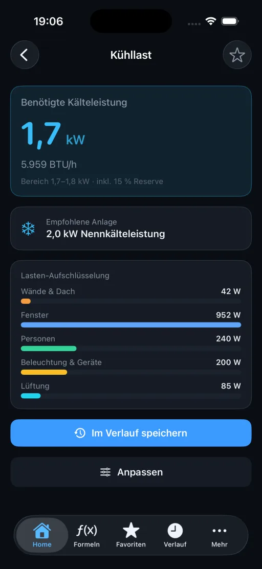 Kühllast-Rechner mit Ergebnis und Lasten-Aufschlüsselung