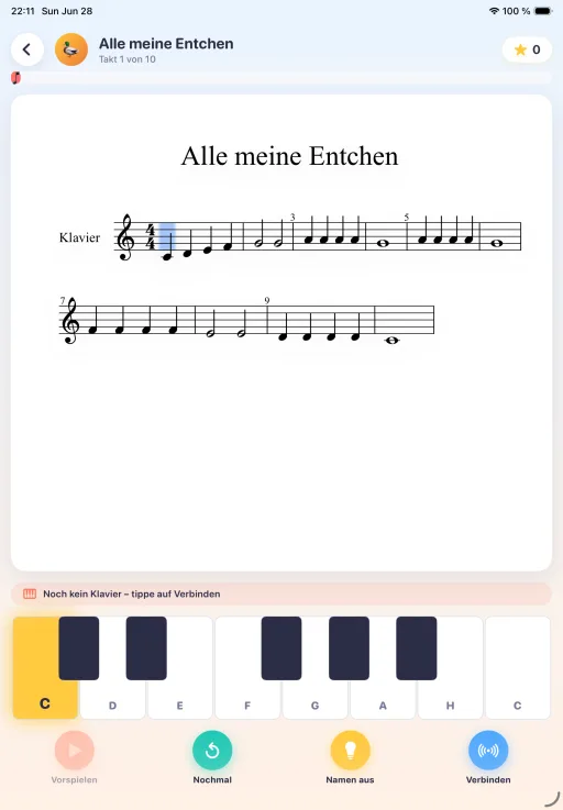 Klaviertrainer auf dem iPad im Wait-Mode: Notenblatt von Alle meine Entchen mit On-Screen-Klaviatur