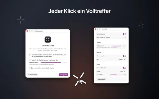 Einstellungsfenster und Willkommen-Fenster von Tacticlick, davor ein Trefferkreuz am Mauszeiger