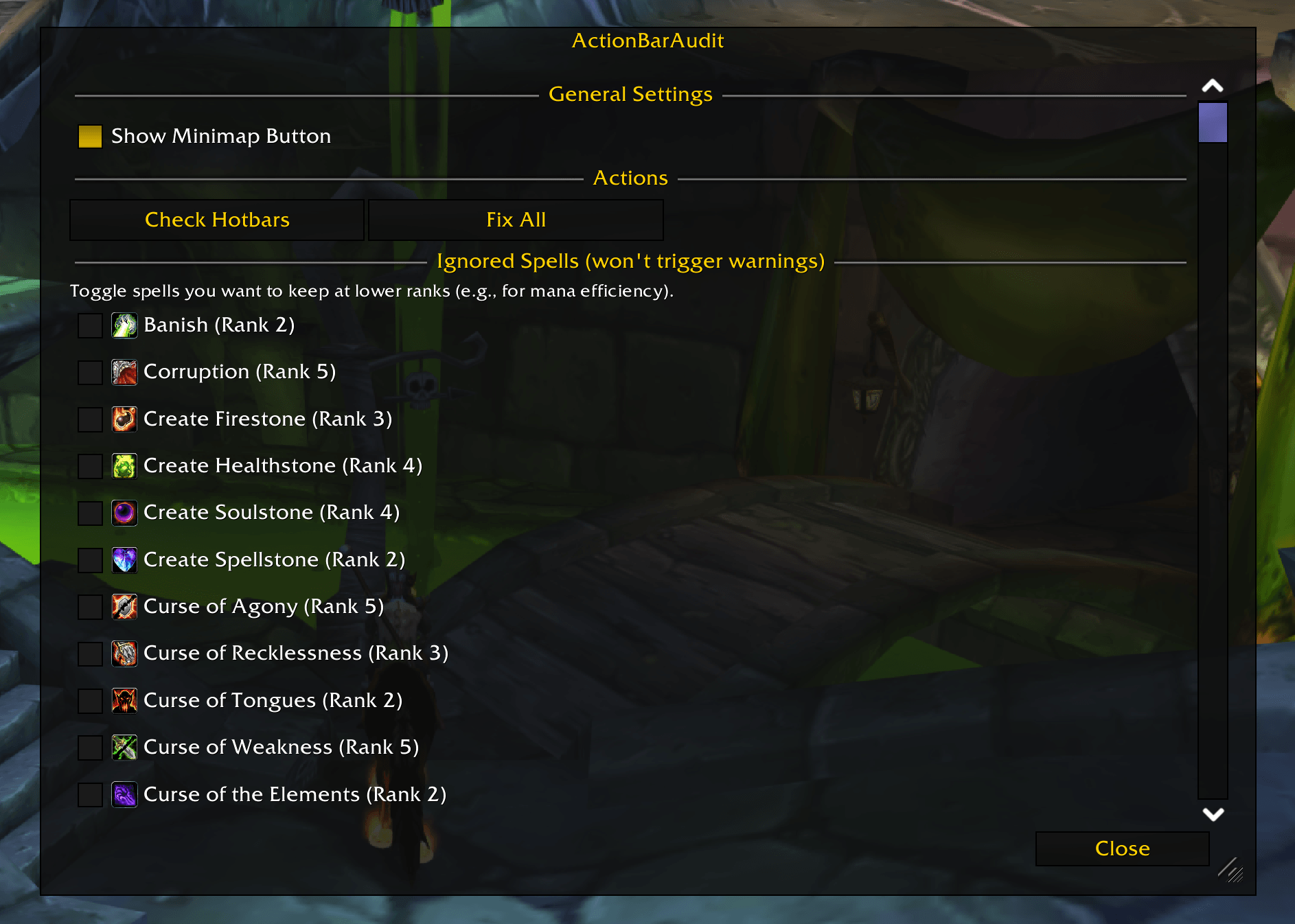 ActionBarAudit Optionen